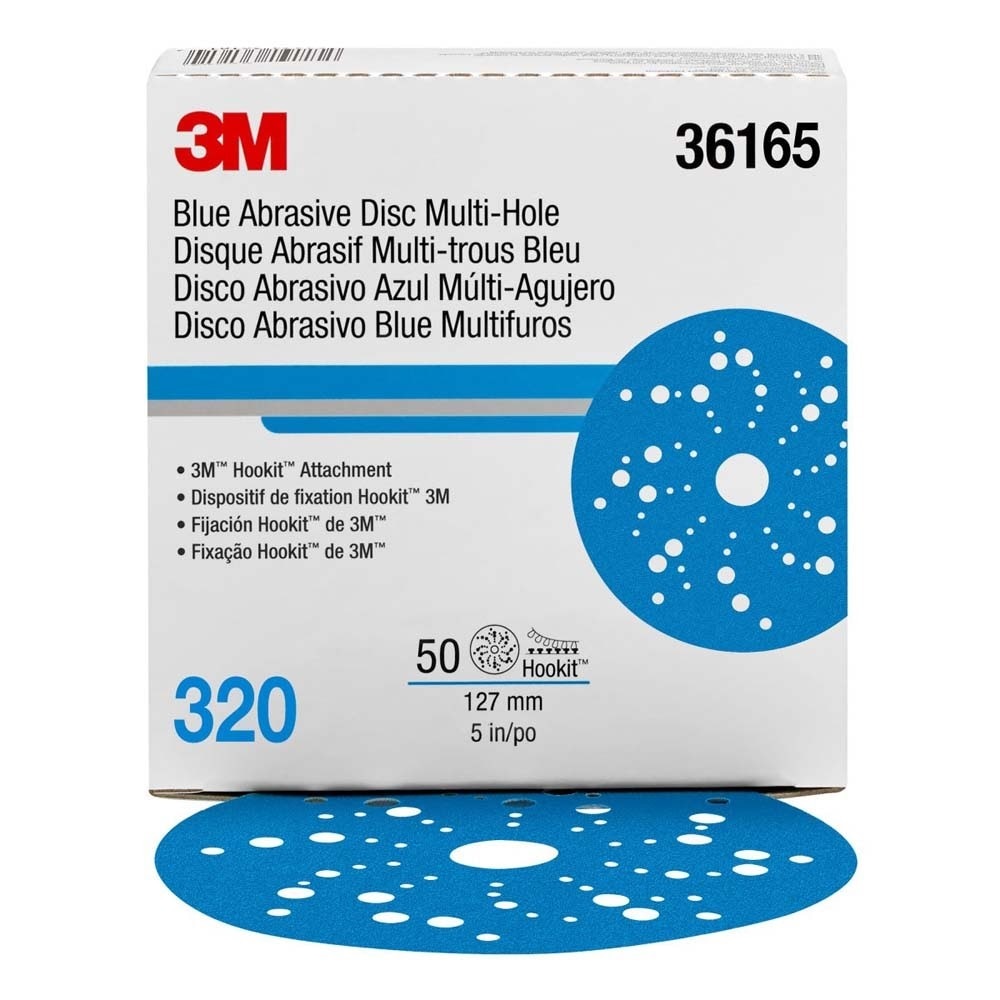 3M 7100215945 Hookit Blue Abrasive Disc 321U 36165 5 in 320 Multi-hole Discs (50 Pack) - 6