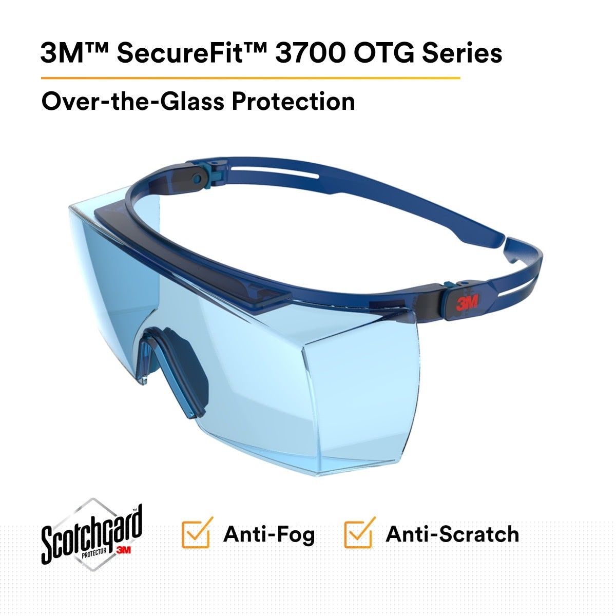 3M SF3704SGAF-BLU SecureFit 3700 Series, Blue Temples, Scotchgard Anti-Fog Coating, Light Blue OTG AF-AS lens (7100221209) (10 Pack) - 2