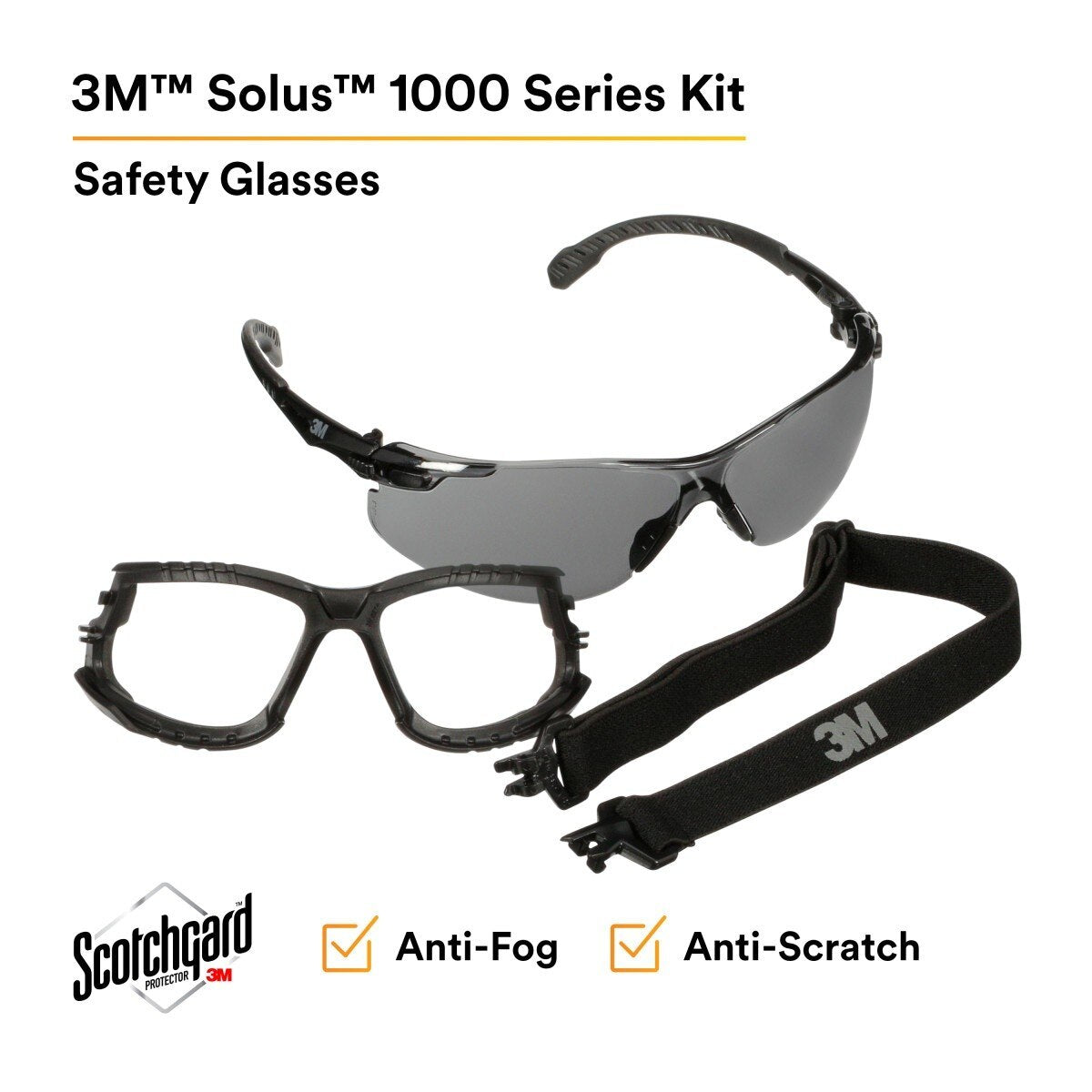 3M Solus 1000 Series Safety Glasses Kit, Black Frame, Gray Scotchgard Anti-Fog Lens (S1502SGAF-KT) (7100221211) (20 Pack) - 2