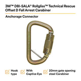 3M 2000117 Rollgliss Technical Rescue Offset D Fall Arrest Carabiner with Captive Eye, Gold, Medium (7100221696) - 2