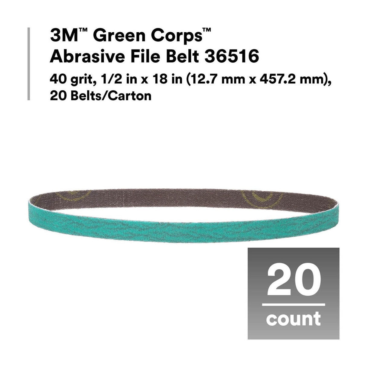 3M 36516 Green Corps Abrasive File Belt, 40 Grit, 1/2 in x 18 in, Green (7100225352) (100 Pack) - 4