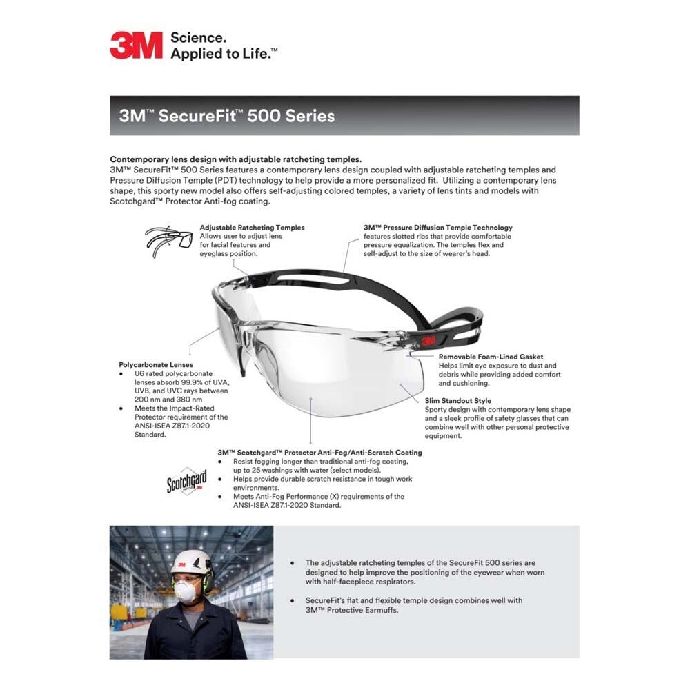 3M SF501AF-BLK Safety Glasses, 500 Series, Impact Rated ANSI Z87, Adjustable Ratchet Temples, Sporty Protective Eyewear, Anti-Fog Anti-Scratch Clear Lens, Black Frame (7100228736) (20 Pack) - 8