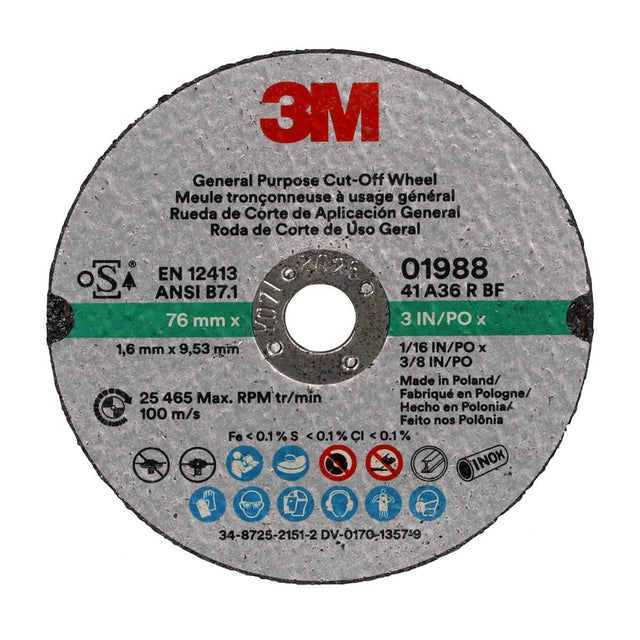 3M 01988 General Purpose Cut Off Wheel, Aluminum Oxide, Black, 3 in x 1/16 in x 3/8 in (7100229881) (50 Pack)