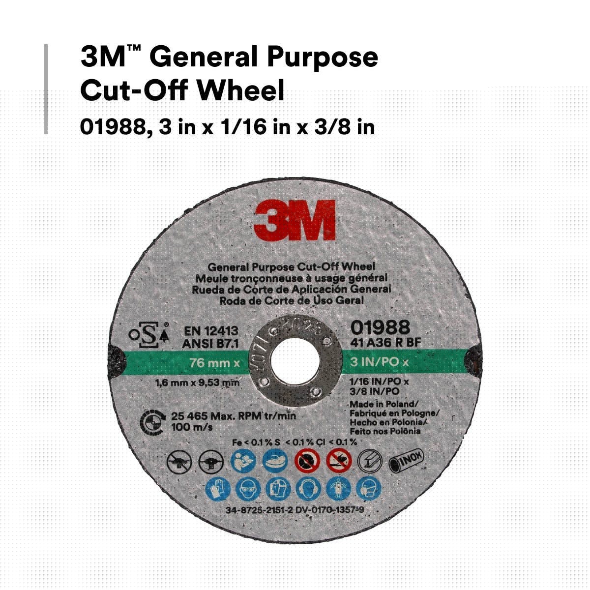 3M 01988 General Purpose Cut Off Wheel, Aluminum Oxide, Black, 3 in x 1/16 in x 3/8 in (7100229881) (50 Pack) - 2
