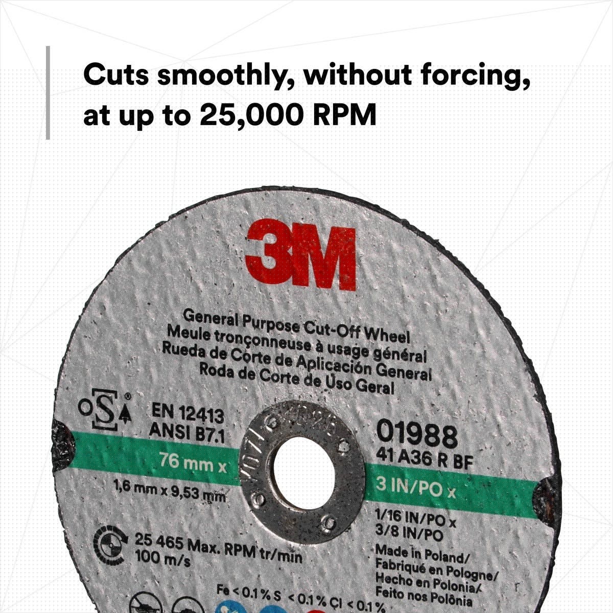 3M 01988 General Purpose Cut Off Wheel, Aluminum Oxide, Black, 3 in x 1/16 in x 3/8 in (7100229881) (50 Pack) - 3