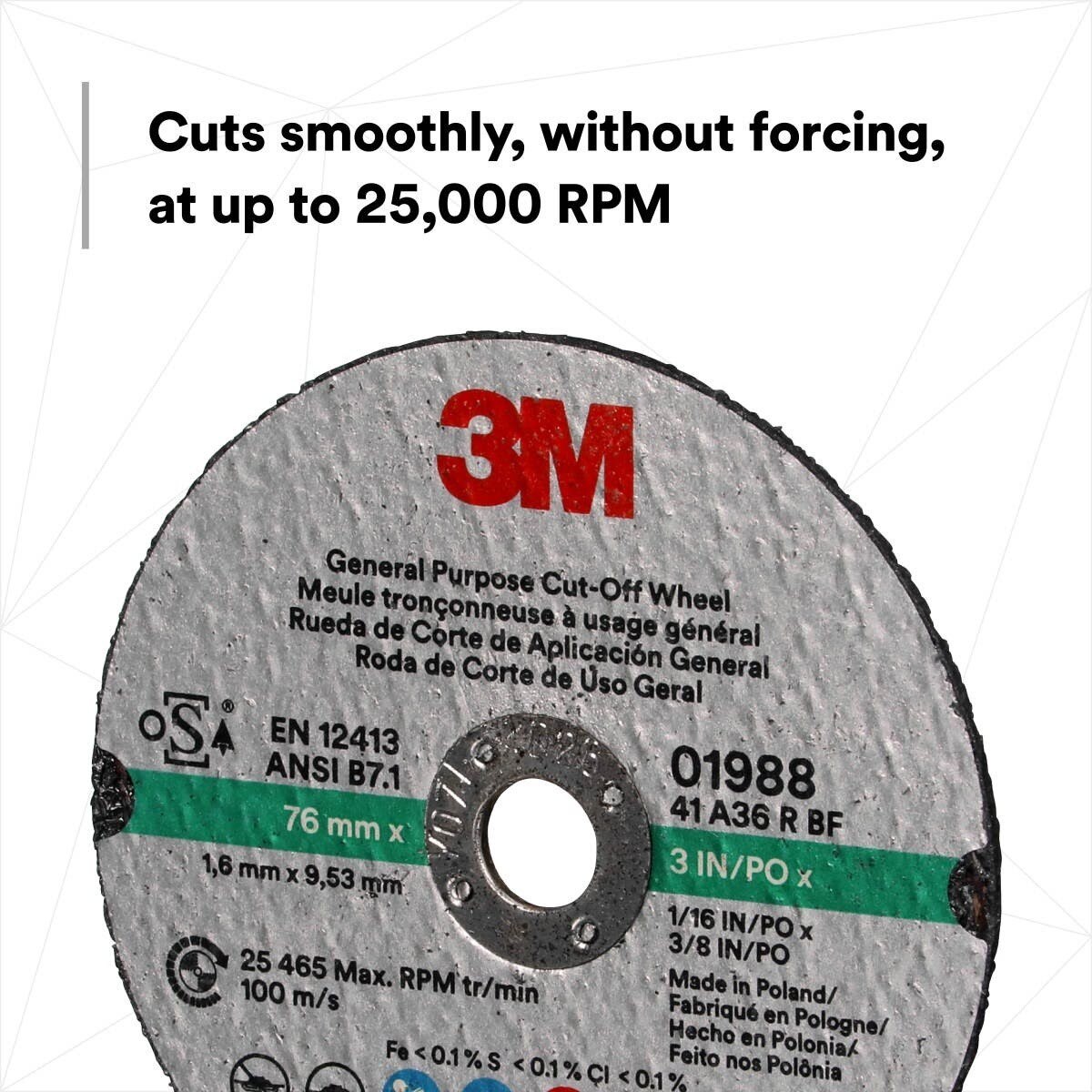 3M 01988 General Purpose Cut Off Wheel, Aluminum Oxide, Black, 3 in x 1/16 in x 3/8 in (7100229881) (50 Pack) - 3