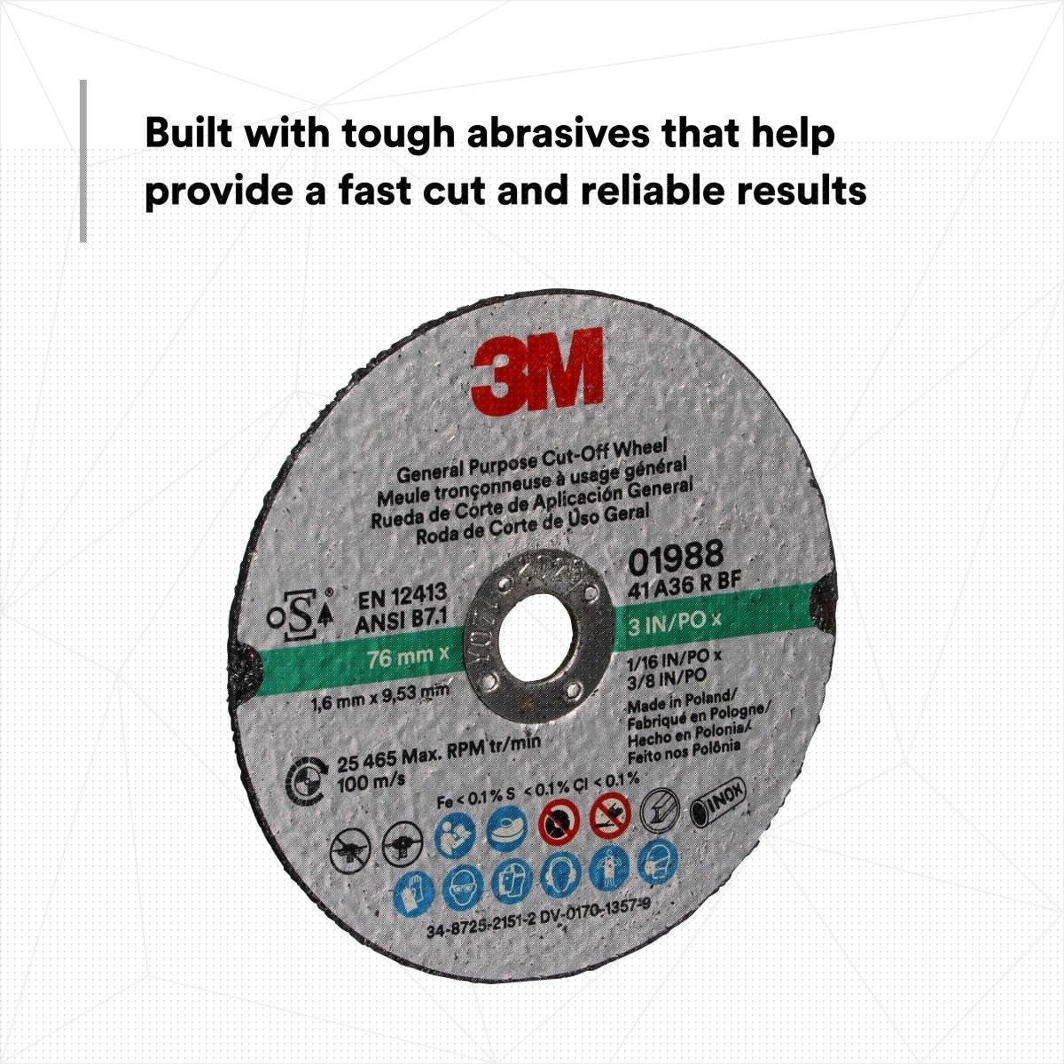 3M 01988 General Purpose Cut Off Wheel, Aluminum Oxide, Black, 3 in x 1/16 in x 3/8 in (7100229881) (50 Pack) - 4