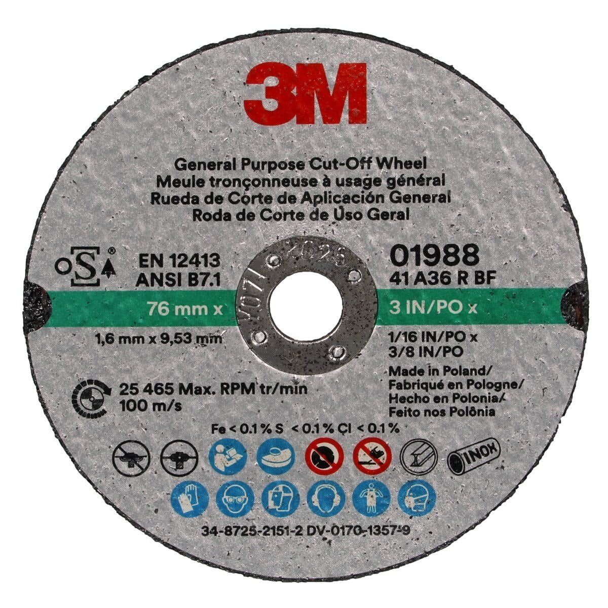 3M 01988 General Purpose Cut Off Wheel, Aluminum Oxide, Black, 3 in x 1/16 in x 3/8 in (7100229881) (50 Pack) - 5