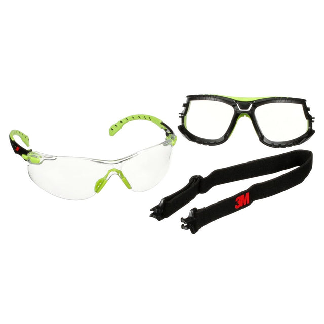 3M S1201SGAF-TKT Solus Safety Glasses Anti Fog Clear Lens Green Black Frame with Gasket and Strap (7100233038) (20 Pack)