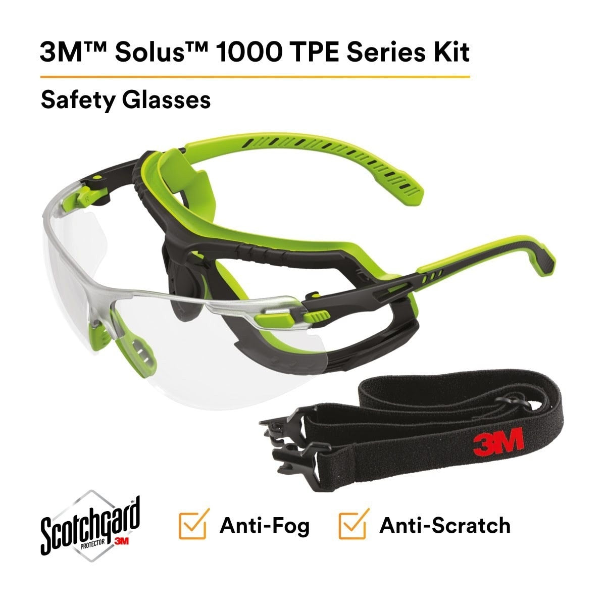 3M S1201SGAF-TKT Solus Safety Glasses Anti Fog Clear Lens Green Black Frame with Gasket and Strap (7100233038) (20 Pack) - 2