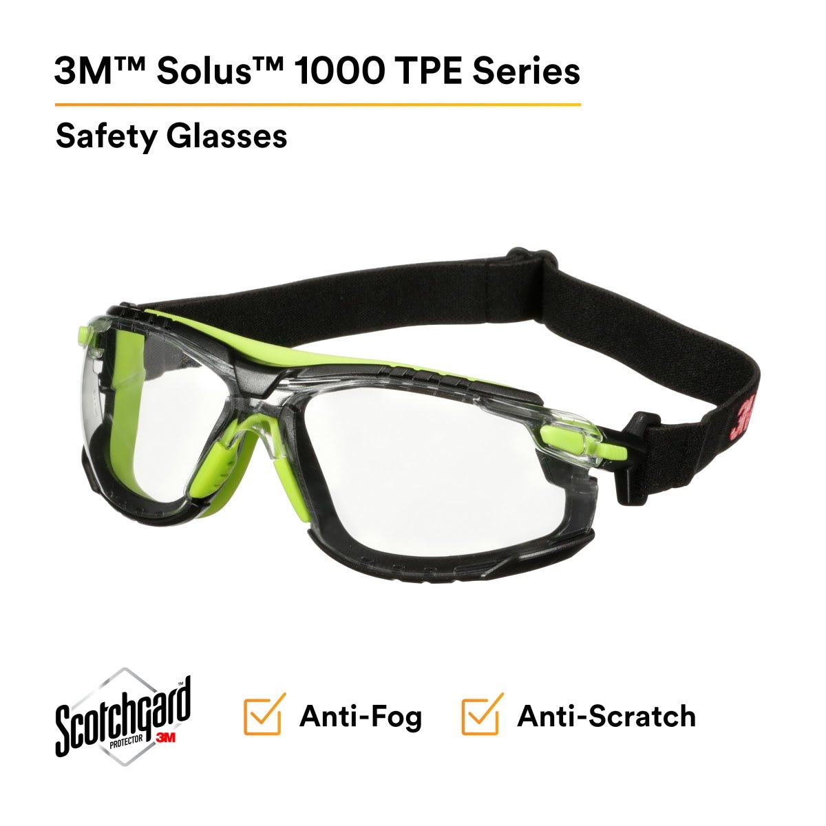 3M S1201SGAF-TSKT Solus 1000 Series Safety Glasses, Green/Black, Scotchgard Anti-Fog Coating, Clear Lens, TPE Gasket and Strap (7100234544) (20 Pack) - 2