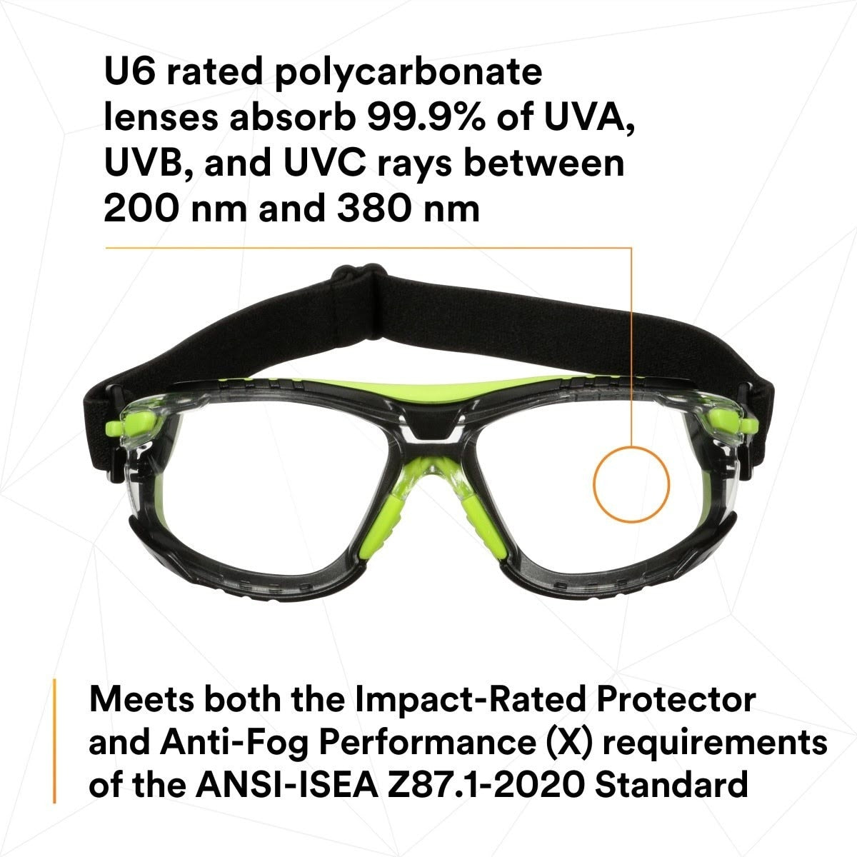 3M S1201SGAF-TSKT Solus 1000 Series Safety Glasses, Green/Black, Scotchgard Anti-Fog Coating, Clear Lens, TPE Gasket and Strap (7100234544) (20 Pack) - 6