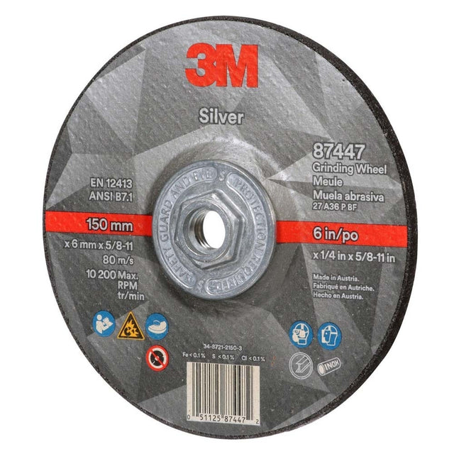 3M 7100244821 Silver Depressed Center Grinding Wheel, 87447, 36+, T27 Quick Change, 6 in x 1/4 in x 5/8 in-11 (10 Pack)