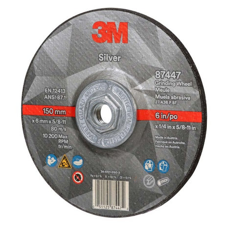 3M 87447 Silver Depressed Center Grinding Wheel, 36+, T27 Quick Change, 6 in x 1/4 in x 5/8 in-11 (7100244821) (10 Pack)