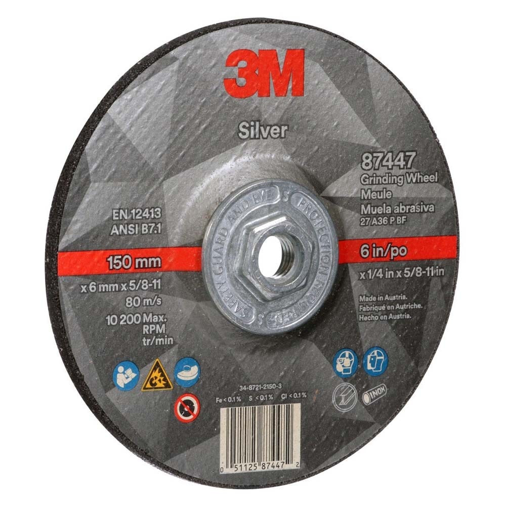 3M 7100244821 Silver Depressed Center Grinding Wheel, 87447, 36+, T27 Quick Change, 6 in x 1/4 in x 5/8 in-11 (10 Pack) - 2