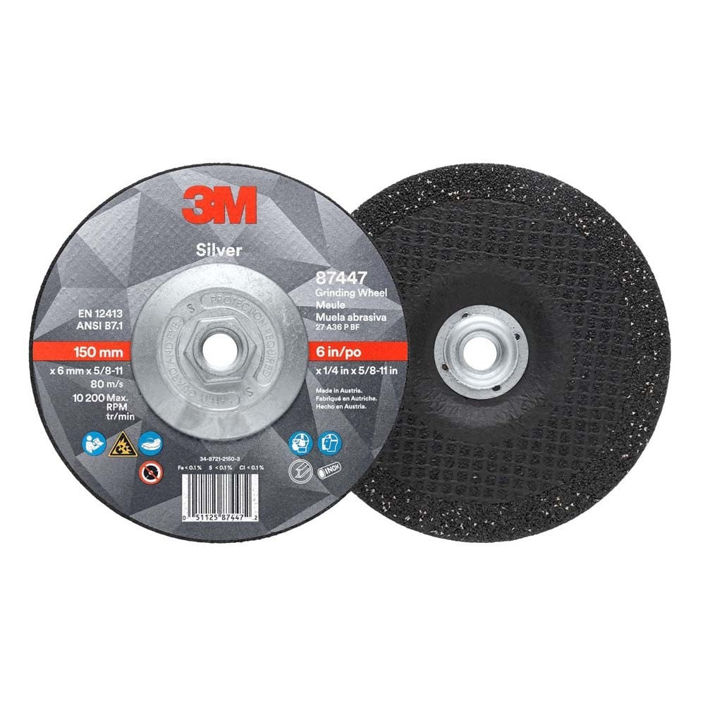 3M 87447 Silver Depressed Center Grinding Wheel, 36+, T27 Quick Change, 6 in x 1/4 in x 5/8 in-11 (7100244821) (10 Pack) - 3