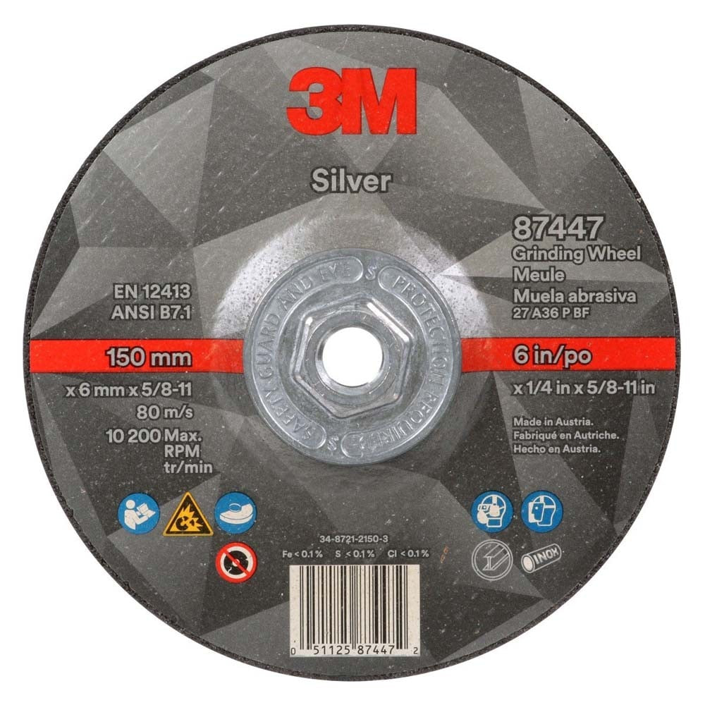 3M 7100244821 Silver Depressed Center Grinding Wheel, 87447, 36+, T27 Quick Change, 6 in x 1/4 in x 5/8 in-11 (10 Pack) - 5