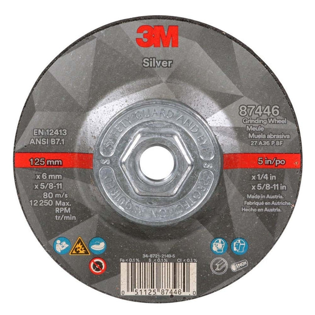3M 7100245020 Silver Depressed Center Grinding Wheel, 87446, 36+, T27 Quick Change, 5 in x 1/4 in x 5/8 in-11 (10 Pack)