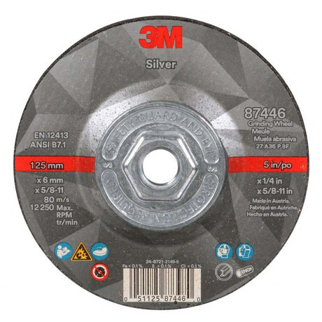 3M 87446 Silver Depressed Center Grinding Wheel, 36+, T27 Quick Change, 5 in x 1/4 in x 5/8 in-11 (7100245020) (10 Pack)