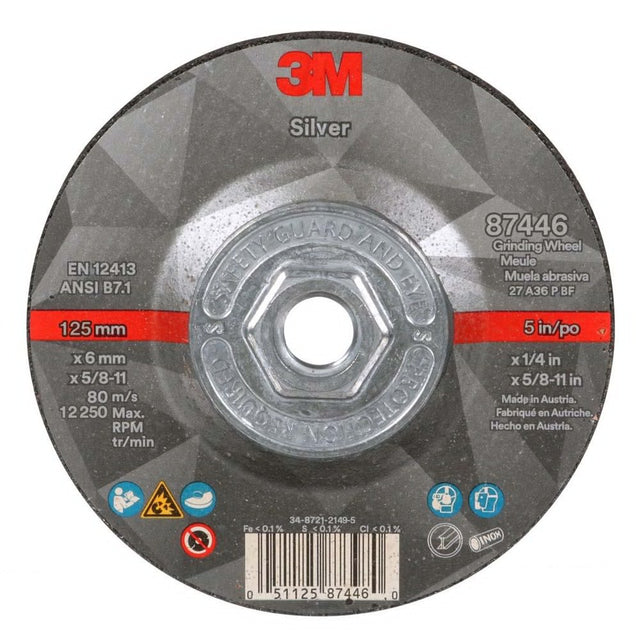 3M 87446 Silver Depressed Center Grinding Wheel, 36+, T27 Quick Change, 5 in x 1/4 in x 5/8 in-11 (7100245020) (10 Pack)