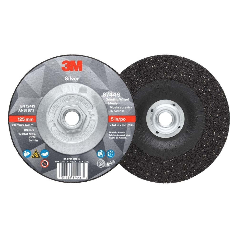 3M 7100245020 Silver Depressed Center Grinding Wheel, 87446, 36+, T27 Quick Change, 5 in x 1/4 in x 5/8 in-11 (10 Pack) - 2