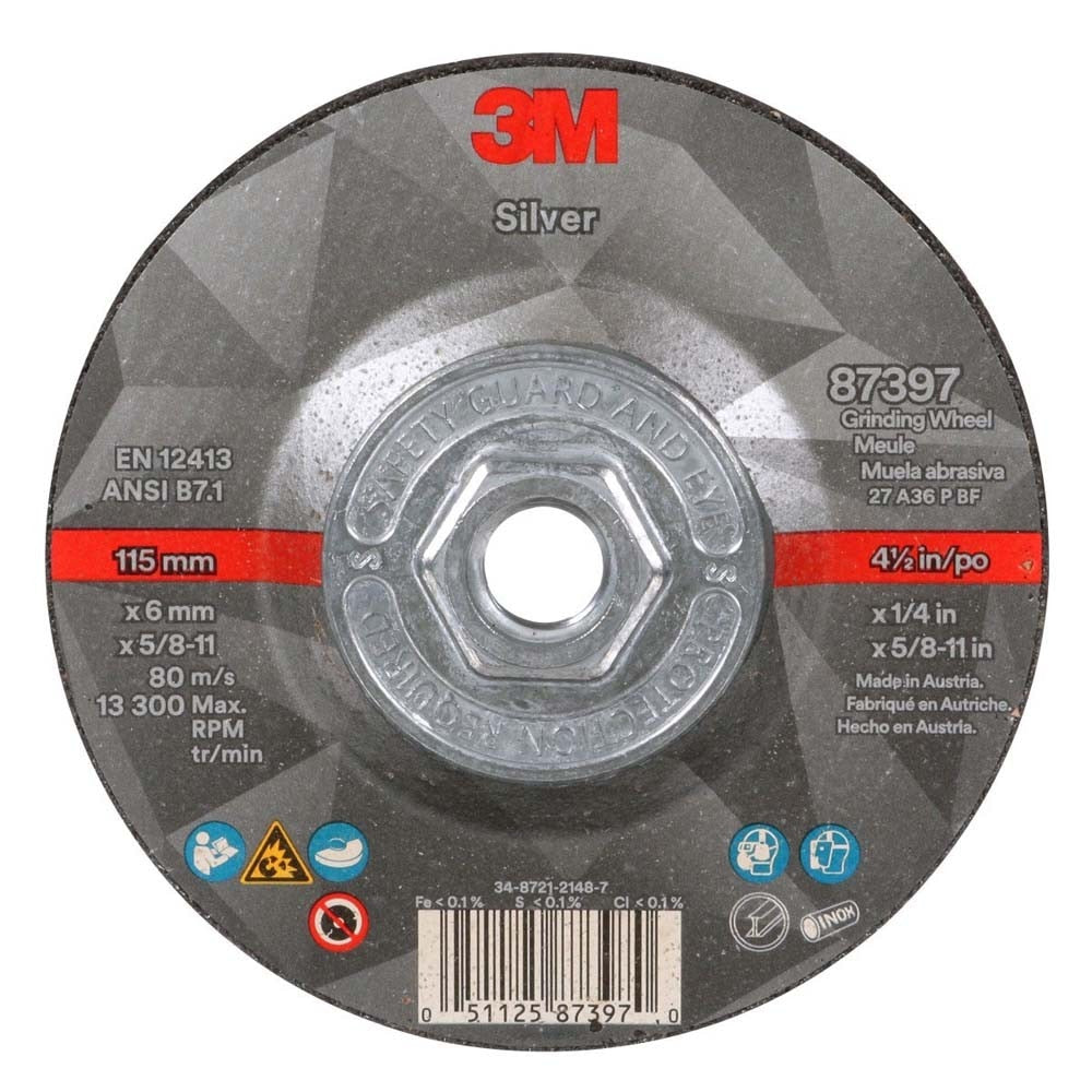 3M 87397 Silver Depressed Center Grinding Wheel, 36+, T27 Quick Change, 4.5 in x 1/4 in x 5/8 in-11 (7100245024) (20 Pack)
