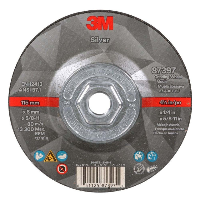 3M 87397 Silver Depressed Center Grinding Wheel, 36+, T27 Quick Change, 4.5 in x 1/4 in x 5/8 in-11 (7100245024) (20 Pack)