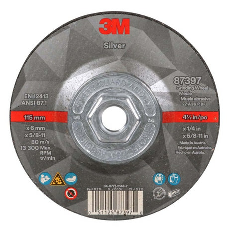 3M 87397 Silver Depressed Center Grinding Wheel, 36+, T27 Quick Change, 4.5 in x 1/4 in x 5/8 in-11 (7100245024) (10 Pack)