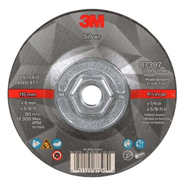 3M 87397 Silver Depressed Center Grinding Wheel, 36+, T27 Quick Change, 4.5 in x 1/4 in x 5/8 in-11 (7100245024) (10 Pack)