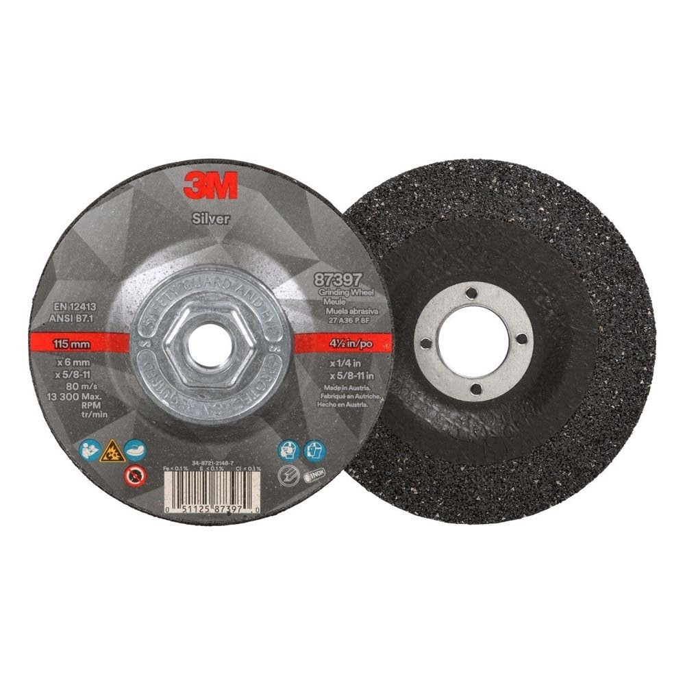3M 7100245024 Silver Depressed Center Grinding Wheel, 87397, 36+, T27 Quick Change, 4.5 in x 1/4 in x 5/8 in-11 (10 Pack) - 2