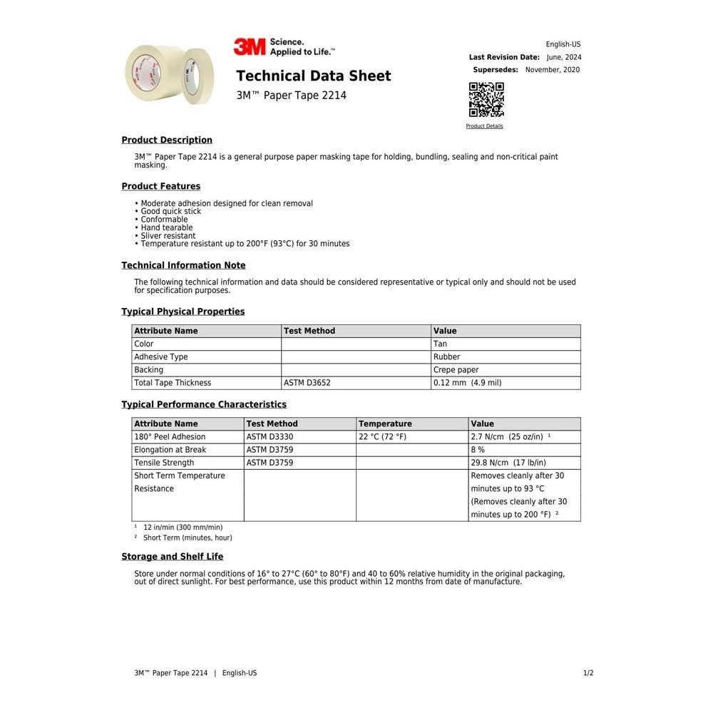 3M 2214 Paper Masking Tape , Tan, 18 mm x 50 m, 5.4 mil (7100245643) (48 Pack) - 3