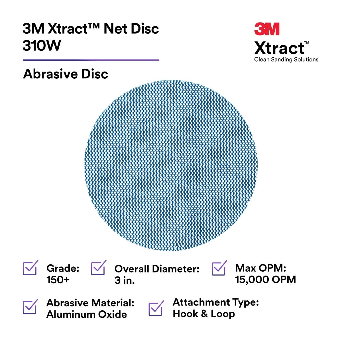 3M 310W Xtract Clean Sanding Net Disc, 150+ Grit, 3 in x NH, Die 300V, Hook and Loop, Blue (7100247100) (500 Pack) - 10