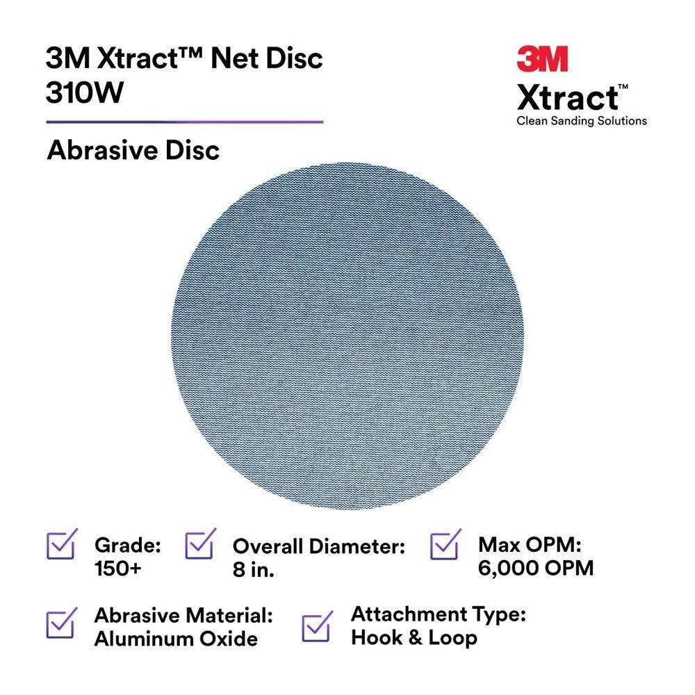 3M 7100252820 Xtract Net Disc 310W 8 in Hook and Loop Sanding Disc, 150+ Grit, Die 800L, Virtually Dust-Free (50 Pack) - 10