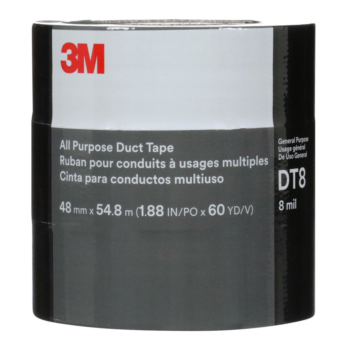 3M DT8 All Purpose Duct Tape, Black, 1-7/8 in x 60 yd, 8 mil (7100253082) (24 Pack)
