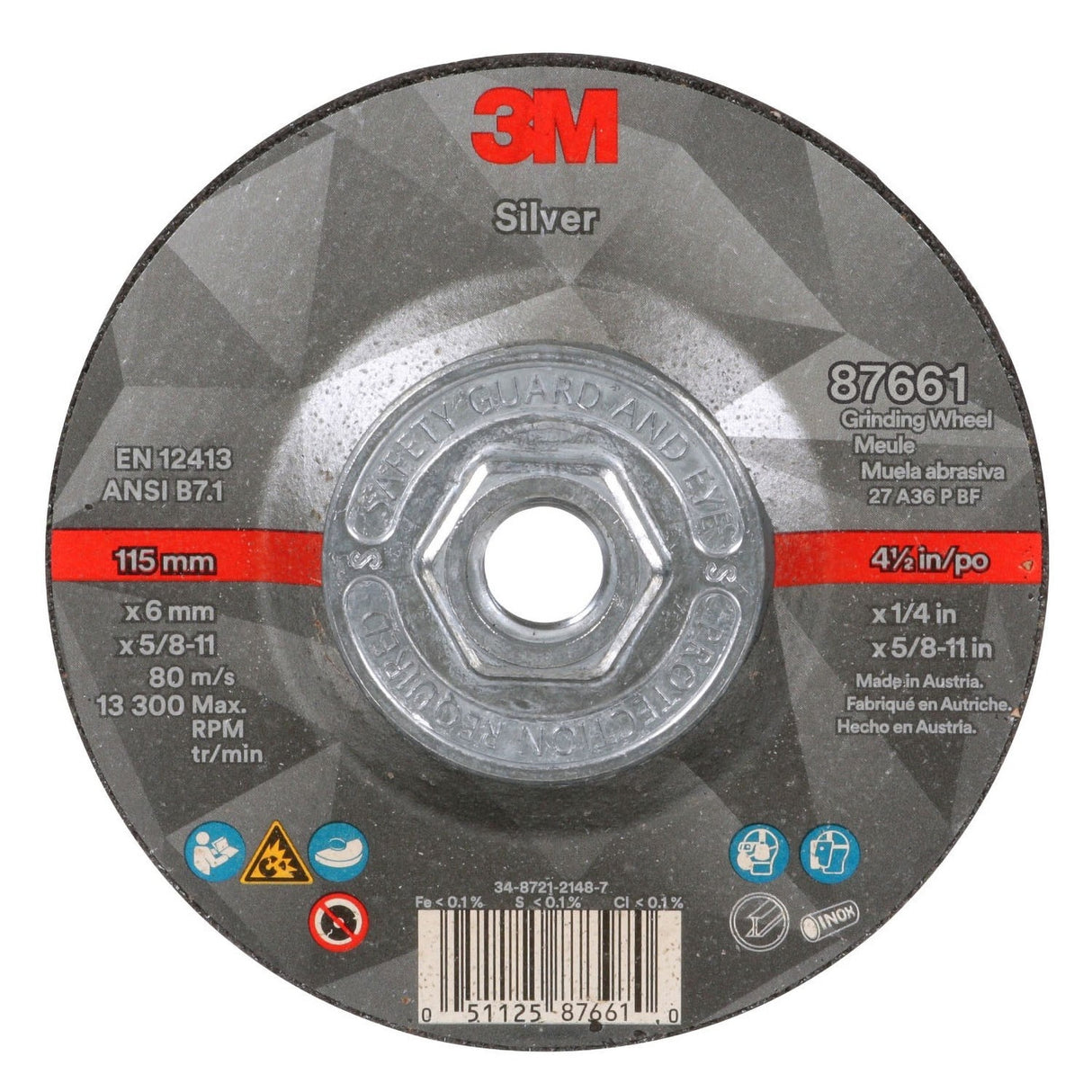 3M Silver Depressed Center Grinding Wheel, 36+, T27 Quick Change, Black, 4.5 in x 1/4 in x 5/8-11 (87661) (7100256472) (10 Pack)