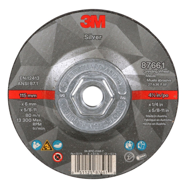 3M Silver Depressed Center Grinding Wheel, 36+, T27 Quick Change, Black, 4.5 in x 1/4 in x 5/8-11 (87661) (7100256472) (10 Pack)