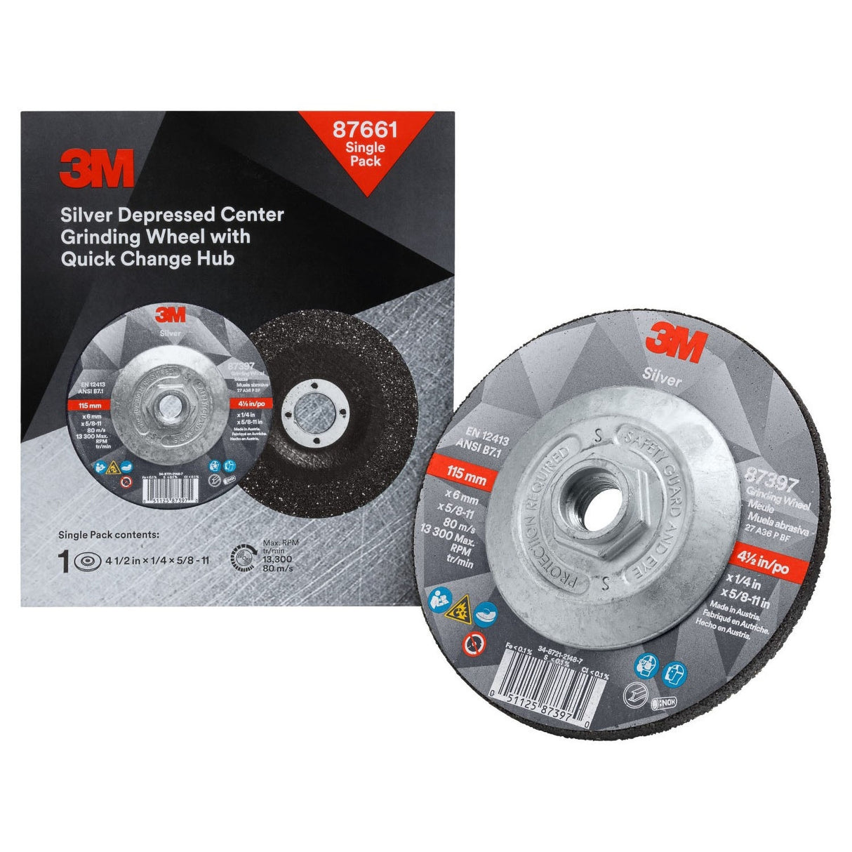 3M Silver Depressed Center Grinding Wheel, 36+, T27 Quick Change, Black, 4.5 in x 1/4 in x 5/8-11 (87661) (7100256472) (10 Pack) - 2