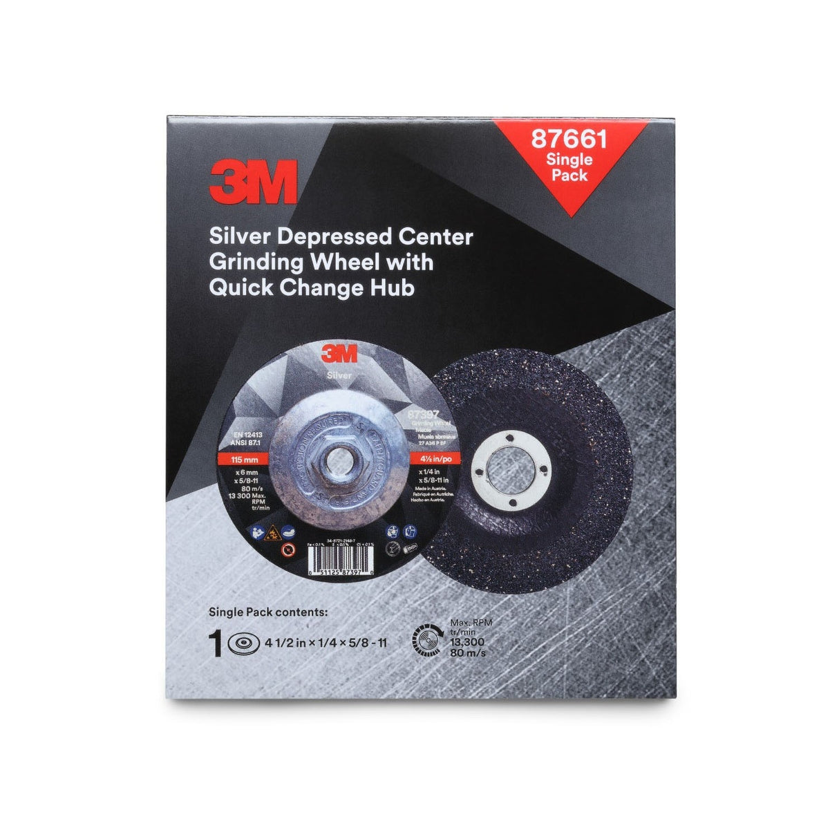 3M Silver Depressed Center Grinding Wheel, 36+, T27 Quick Change, Black, 4.5 in x 1/4 in x 5/8-11 (87661) (7100256472) (10 Pack) - 3