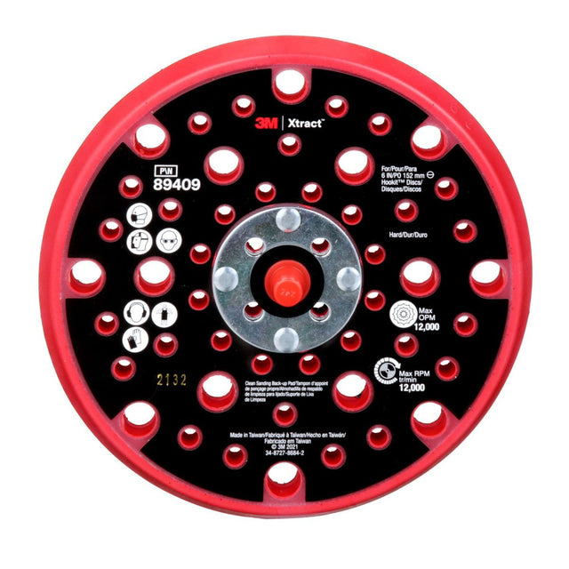 3M Xtract Hookit Clean Sanding Back-up Pad, 6 in, Hard, Red, 49 Holes, 5/16-24 EXT, Max 12000 RPM OPM (89409) (7100270476) (10 Pack)
