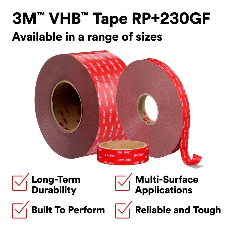 3M 7100273131 VHB Tape RP+230GF, Gray, 1/2 in x 36 yd, 90 mil, Film Liner (18 Pack) - 7