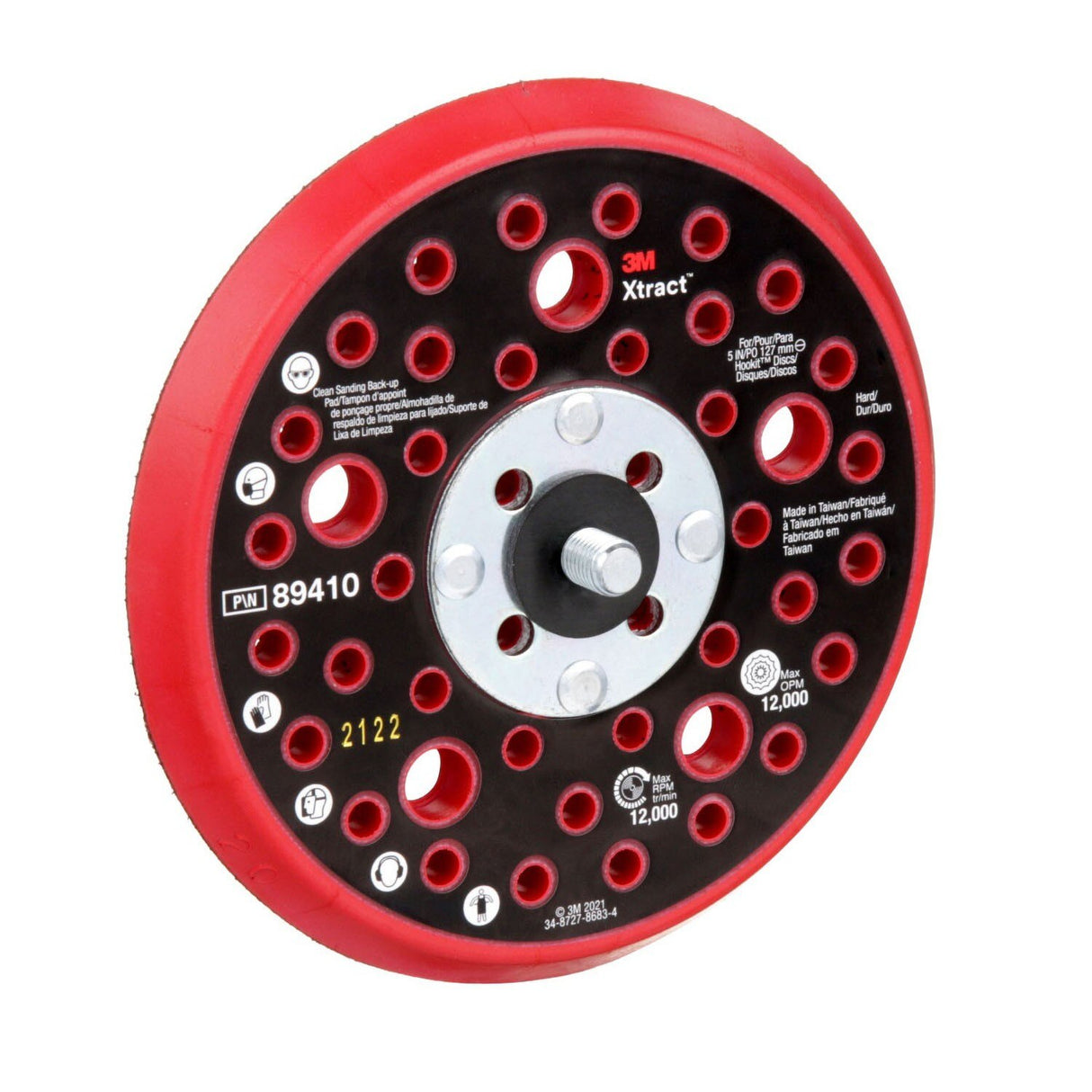 3M Xtract Hookit Hook and Loop Sanding Disc Backup Pad, Hard, Red, 5 in, 44 Holes, Low Profile, Max 12000 RPM OPM, 5/16-24 EXT (89410) (7100273463) (10 Pack) - 2