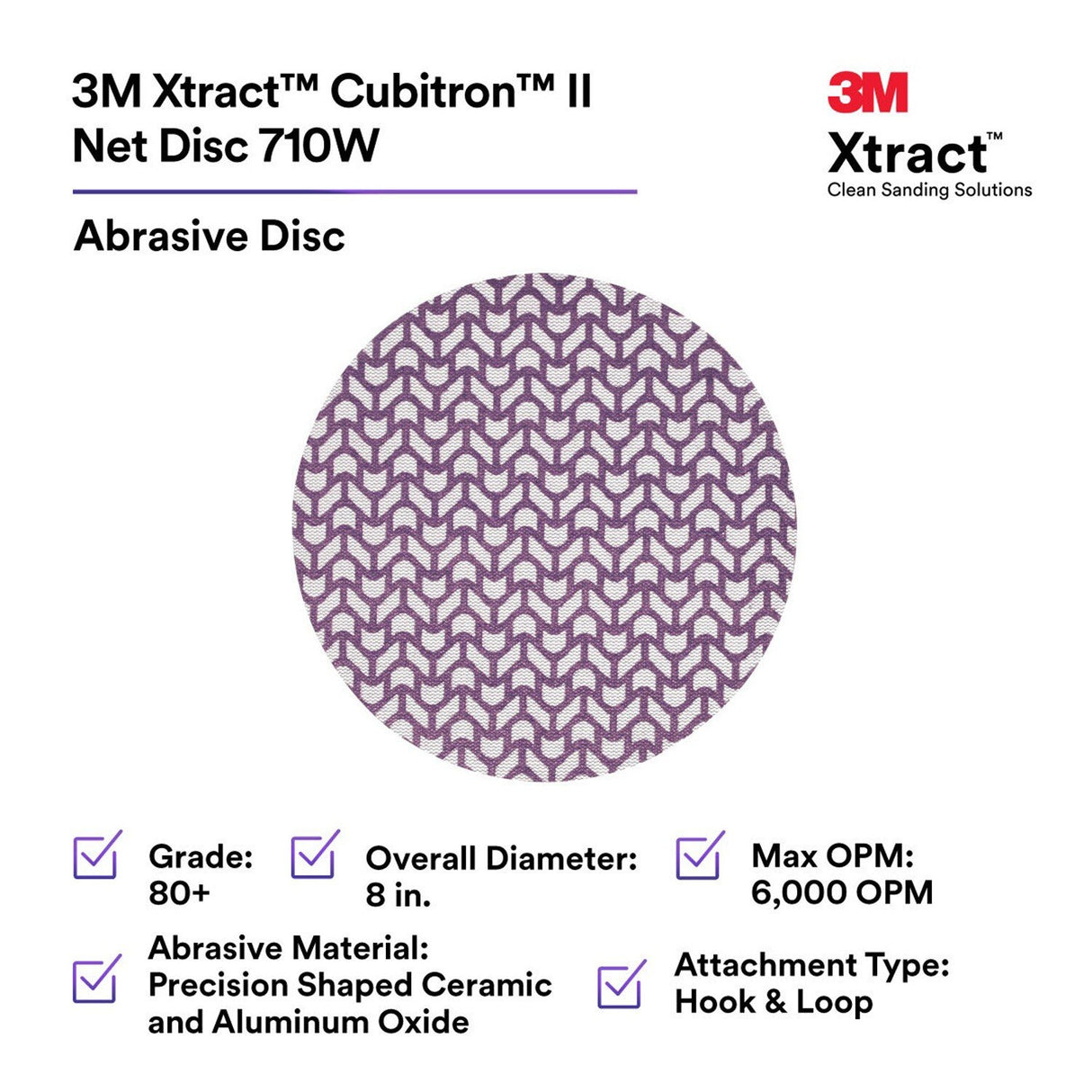 3M 710W 83420 Xtract Clean Sanding Net Disc, 80+, Purple, 8 in x NH, Die 800L, Hook & Loop for Metal, Wood, Composites, Stock Removal and Finishing (7100287535) (300 Pack) - 2