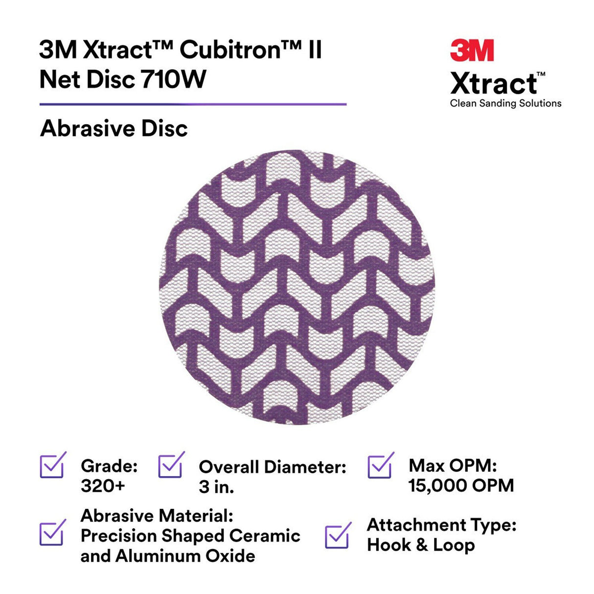 3M 710W Cubitron II Hookit Net Disc, 320+, 3 in, Die 300V, Hook and Loop, Purple, Dust-Free Sanding (7100287540) (300 Pack) - 2