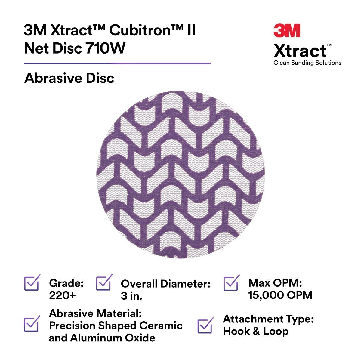 3M 710W Xtract Hookit Cubitron II Net Disc 220+ Purple 3 in 300V (7100287829) (300 Pack) - 2