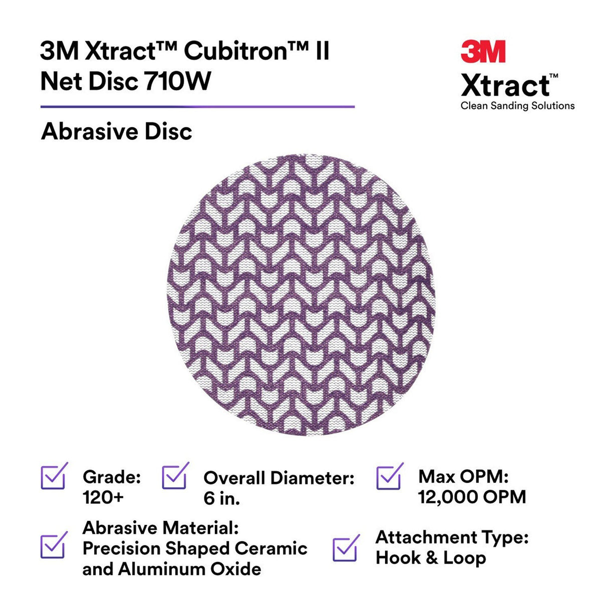 3M 710W 88456 Cubitron II Net Disc, 120+, 6 in x NH, Die 600Z, Hook & Loop, Purple (7100288136) (300 Pack) - 2
