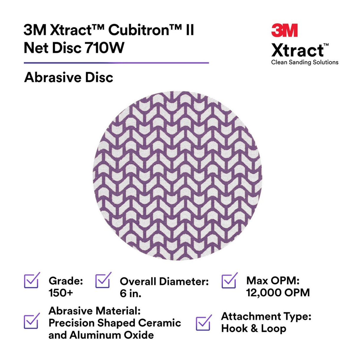 3M 710W 88457 Cubitron II Net Disc, 150+ Grit, 6 in, Die 600Z, Hook and Loop, Purple (7100288232) (300 Pack) - 2