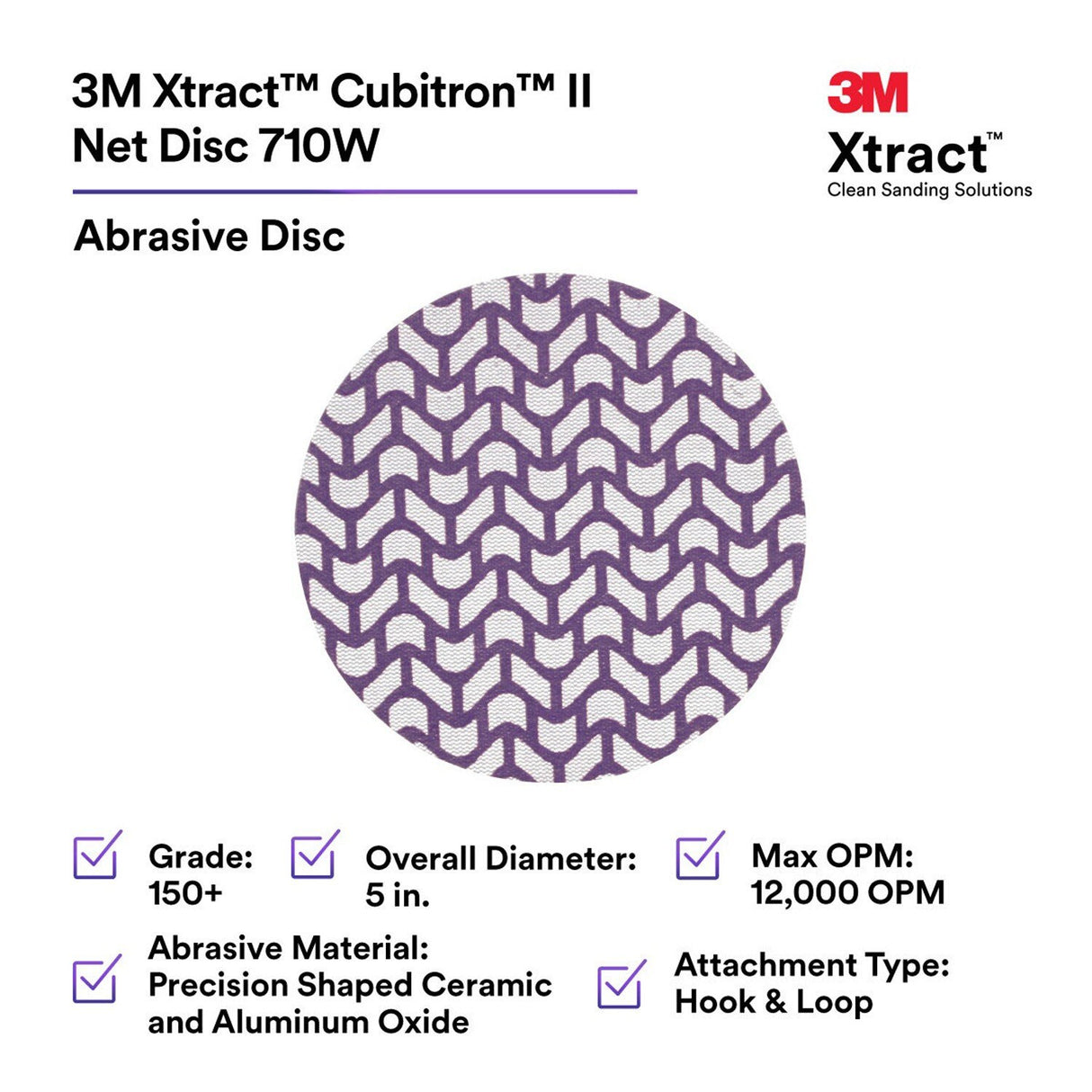 3M 710W 88472 Cubitron II Net Disc, 150+ Grit, Purple, 5 in x NH, Die 500X, Hook and Loop (7100288234) (300 Pack) - 2