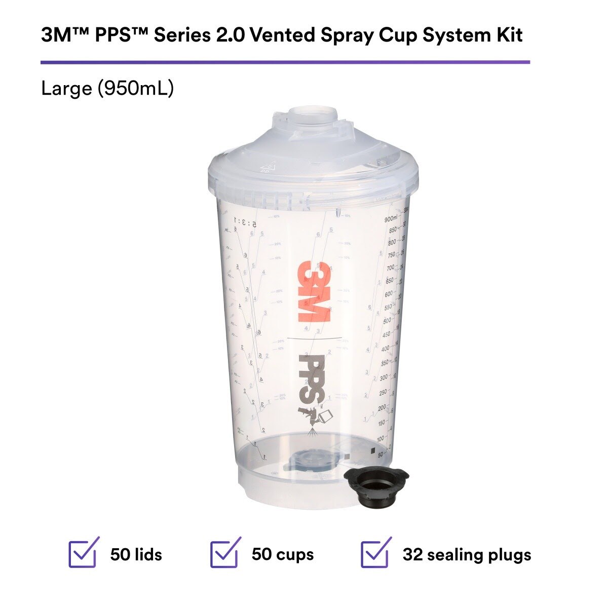 3M 26264 PPS Series 2.0 Vented Spray Cups Kit, Large (32.1 fl oz, 950 ml), 200 Micron Filter (7100292052) - 2