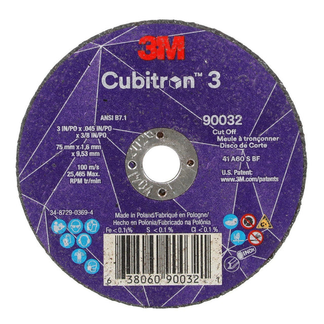 3M 90032 Cubitron Cut-Off Wheel, 60+, T1, 3 in x 1/8 in x 3/8 in, ANSI (7100303858) (50 Pack)