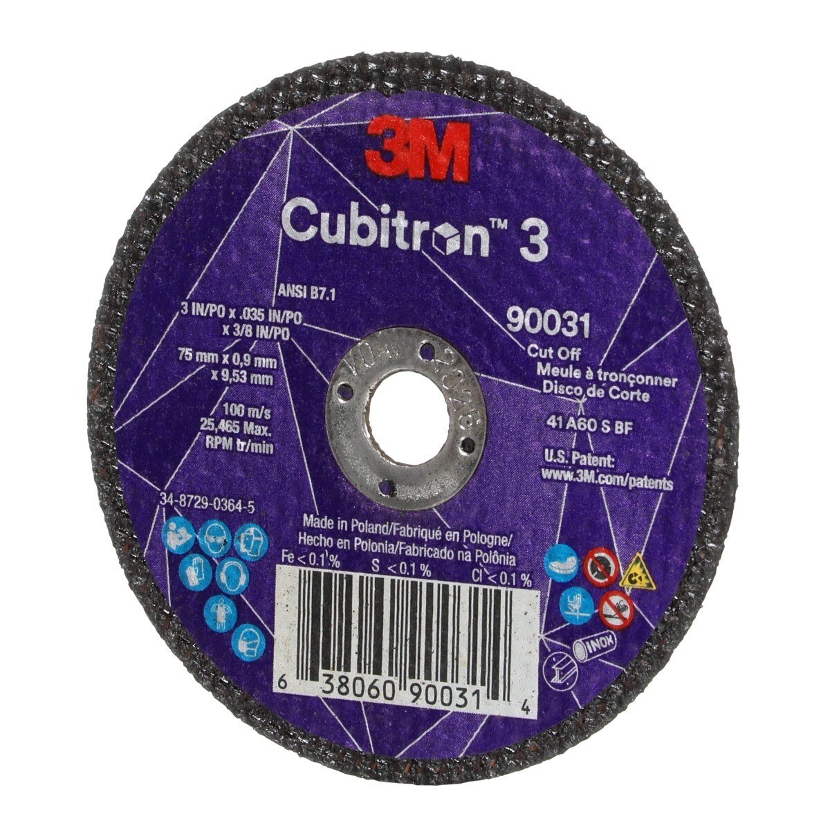 3M 90031 Cubitron 3 Cut-Off Wheel, 60+, T1, 3 in x 0.035 in x 3/8 in (75 x 0.9 x 9.53 mm), ANSI (7100303859) (50 Pack) - 2